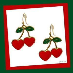 New Gold Red & Green Cherry Heart Dangle Fashion Earrings